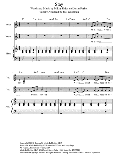 Free Sheet Music Stay A Vocal Duet