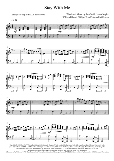 Free Sheet Music Stay With Me Sam Smith Harp Arrangement