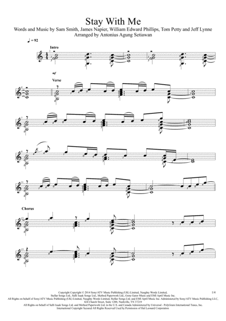 Free Sheet Music Stay With Me Solo Guitar Score