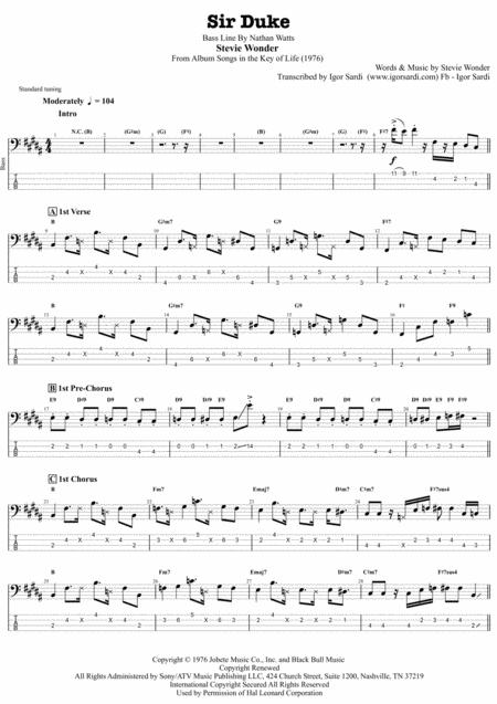 Steve Wonder Sir Duke Complete And Accurate Bass Transcription Whit Tab Sheet Music