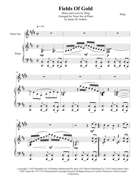 Free Sheet Music Sting Fields Of Gold For Tenor Sax Piano