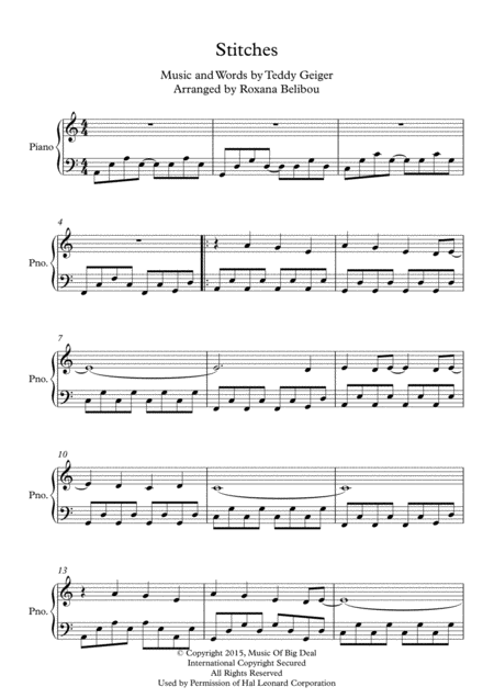 Stitches A Minor By Shawn Mendes Piano Sheet Music