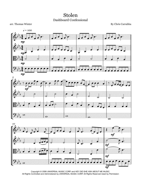 Free Sheet Music Stolen By Dashboard Confessional String Quartet Trio Duo Or Solo Violin