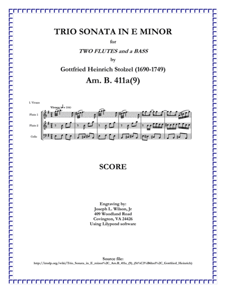 Free Sheet Music Stolzel Trio Sonata In E Minor Am B 411a 9