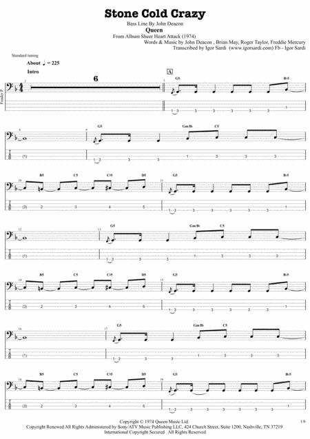 Free Sheet Music Stone Cold Crazy Queen John Deacon Complete And Accurate Bass Transcription Whit Tab