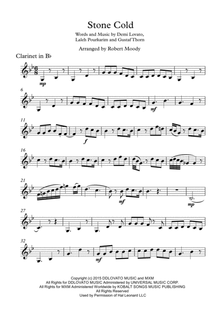 Free Sheet Music Stone Cold Demi Lovato Clarinet Cover