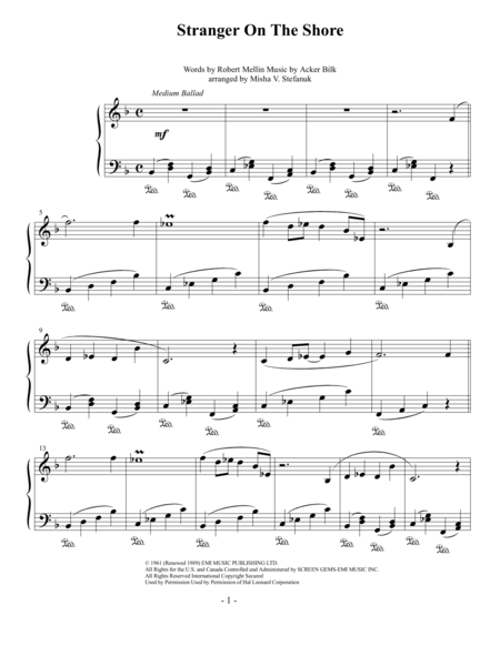 Stranger On The Shore Easy Piano Sheet Music