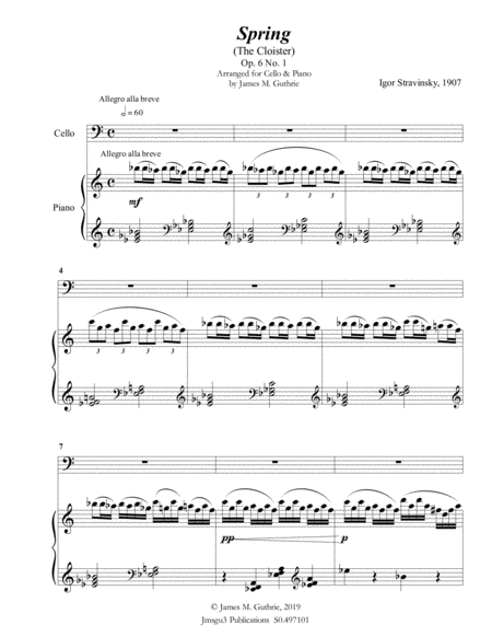 Stravinsky Spring Op 6 No 1 For Cello Piano Sheet Music