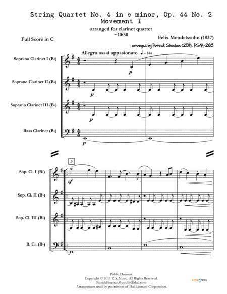 Free Sheet Music String Quartet In E Minor Opus 44 No 2 Movement I Mendelssohn For Clarinet Quartet Full Score Set Of Parts
