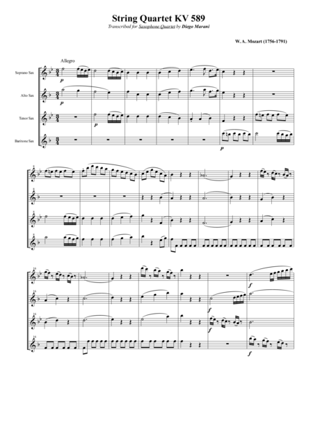 Free Sheet Music String Quartet Kv 589 For Saxophone Quartet Satb