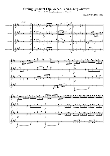 Free Sheet Music String Quartet Op 76 No 3 Emperor For Saxophone Quartet Satb