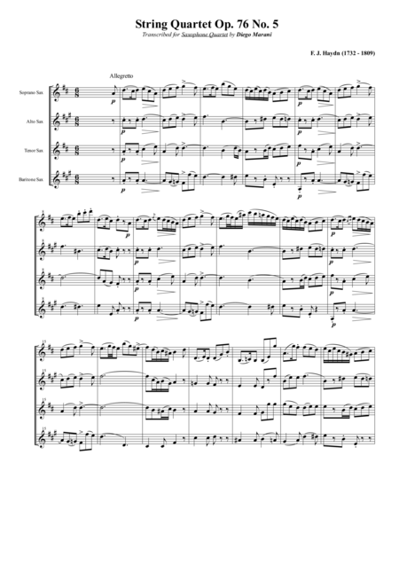 String Quartet Op 76 No 5 For Saxophone Quartet Satb Sheet Music