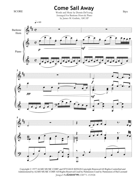 Styx Come Sail Away For Baritone Horn Piano Sheet Music