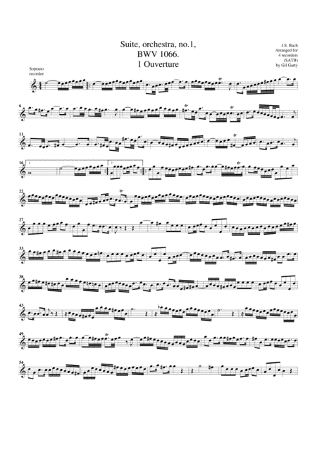 Suite For Orchestra No 1 Bwv 1066 Arrangement For 4 Recorders Sheet Music