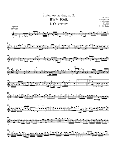 Suite For Orchestra No 3 Bwv 1068 Arrangement For 4 Recorders Sheet Music