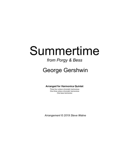 Summertime By George Gershwin Arranged For 4 C Chromatic Harmonicas And Bass Harmonica Sheet Music