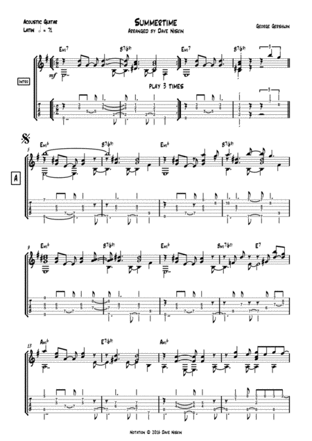 Summertime Dave Niskin Solo Guitar Arrangement Sheet Music