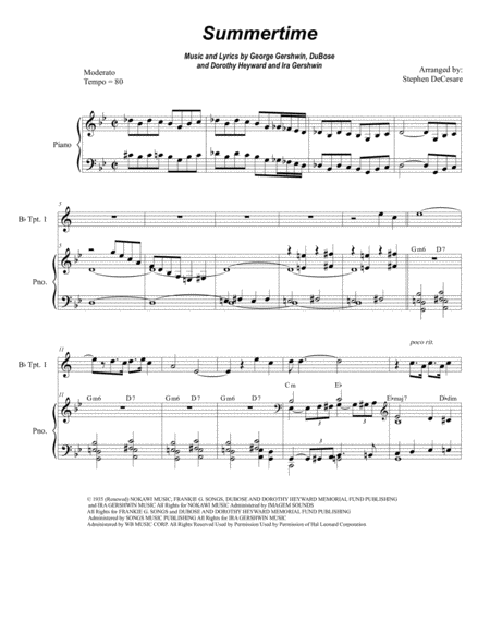 Free Sheet Music Summertime Duet For Bb Trumpet