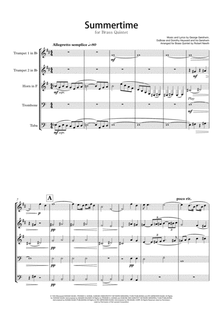 Summertime For Brass Quintet Sheet Music