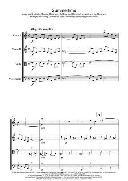 Summertime For String Quartet Score And Parts Sheet Music