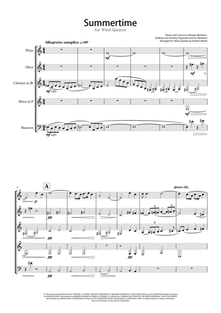 Free Sheet Music Summertime For Wind Quintet