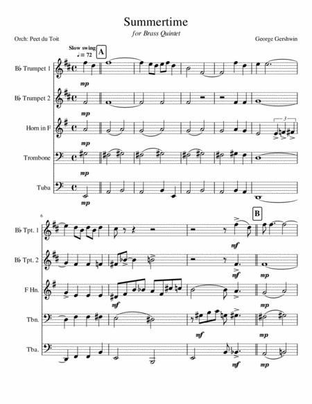 Summertime From Porgy And Bess George Gershwin Brass Quintet Sheet Music