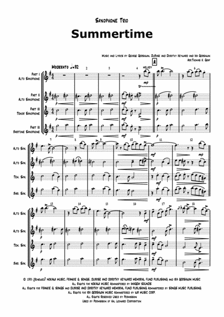 Free Sheet Music Summertime G Gershwin Ballad Saxophone Trio Arr Thomas H Graf