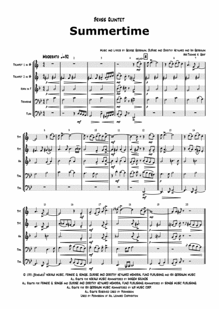 Summertime Gershwin Ballad Brass Quintet Sheet Music