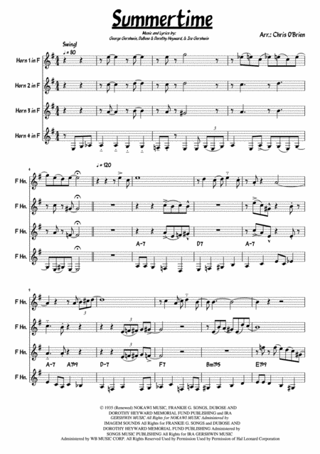 Summertime Horn Quartet Sheet Music