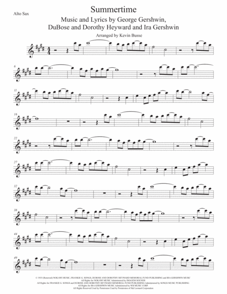 Free Sheet Music Summertime Original Key Alto Sax