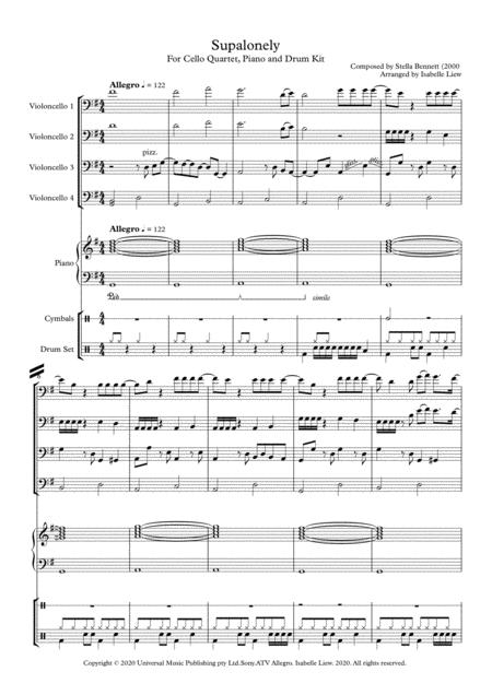 Free Sheet Music Supalonely For Cello Quartet Piano And Drum Kit