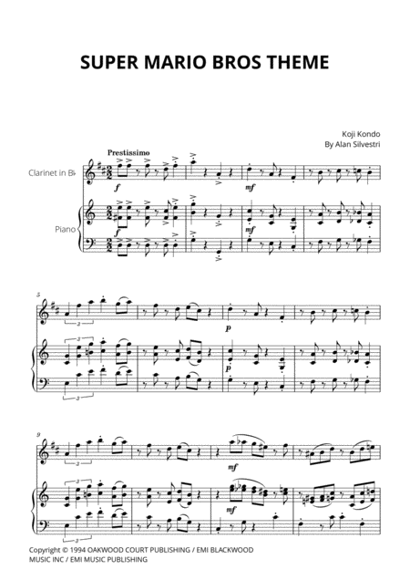 Super Mario Bros Theme For Clarinet In Bb And Piano Sheet Music