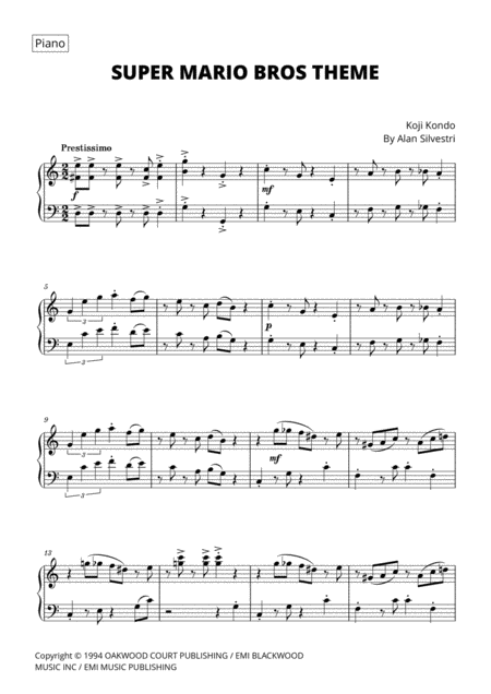 Free Sheet Music Super Mario Bros Theme For Intermediate Piano