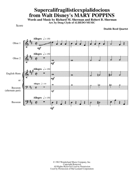 Supercalifragilisticexpialidocious From Walt Disneys Mary Poppins For Double Reed Quartet Sheet Music