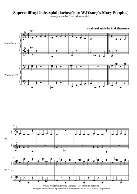 Free Sheet Music Supercalifragilisticexpialidocious From Walt Disneys Mary Poppins For Piano 4 Hands