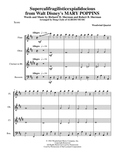 Free Sheet Music Supercalifragilisticexpialidocious From Walt Disneys Mary Poppins For Woodwind Quartet