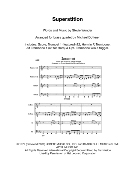 Free Sheet Music Superstition For Brass Quartet