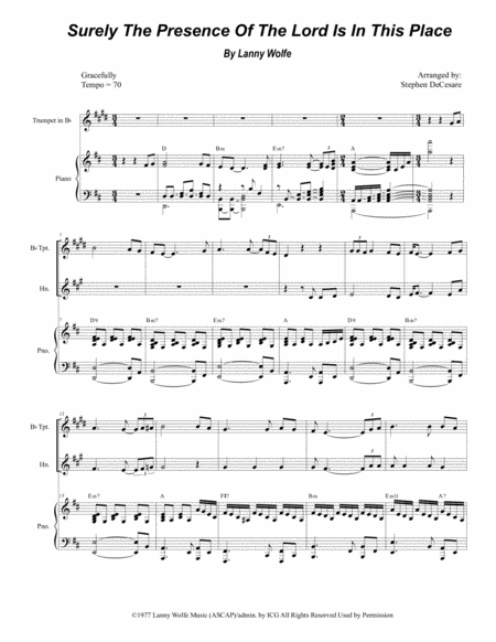 Free Sheet Music Surely The Presence Of The Lord Is In This Place Duet For Bb Trumpet French Horn