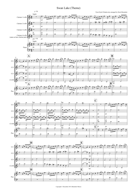 Swan Lake Theme For Clarinet Quartet Sheet Music