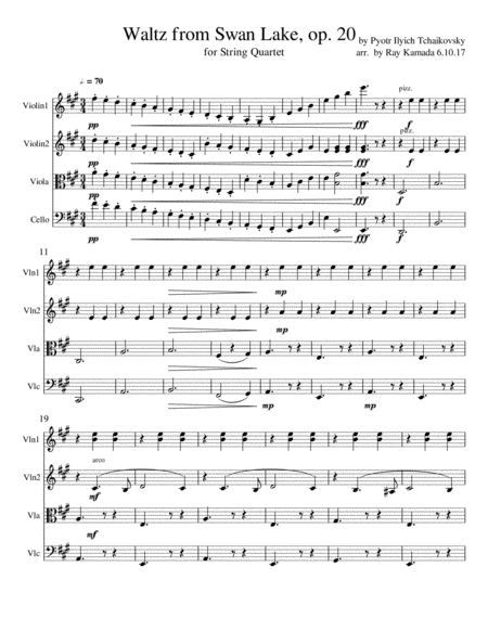 Swan Lake Waltz For String Quartet Sheet Music