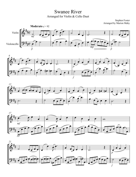 Swanee River Violin Cello Duet Sheet Music