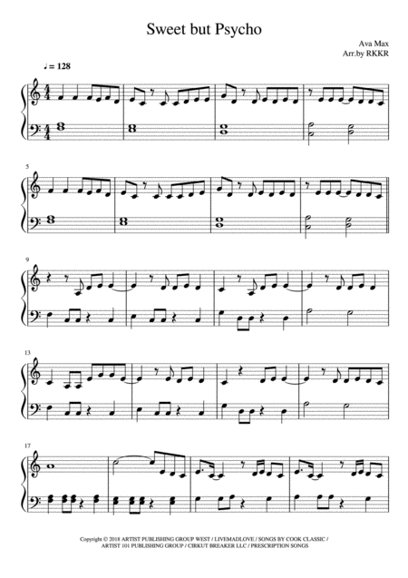 Free Sheet Music Sweet But Psycho Easy Piano Solo C Major