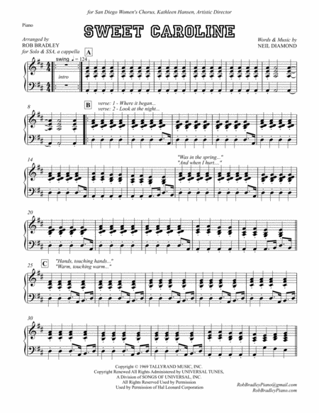 Sweet Caroline Instrumental Parts For Rob Bradleys Ssaa Arrangement Only Sheet Music