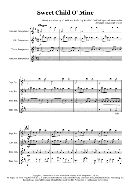 Sweet Child O Mine By Guns N Roses Saxophone Quartet Satb Sheet Music