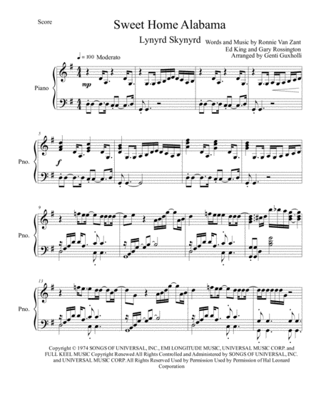 Sweet Home Alabama Piano Solo Sheet Music