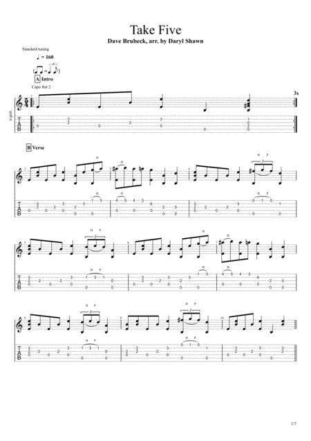 Take Five Dave Brubeck For Solo Fingerstyle Guitar Sheet Music