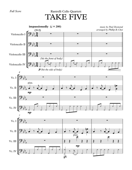 Take Five For Cello Quartet By Rastrelli Cello Quartett Sheet Music