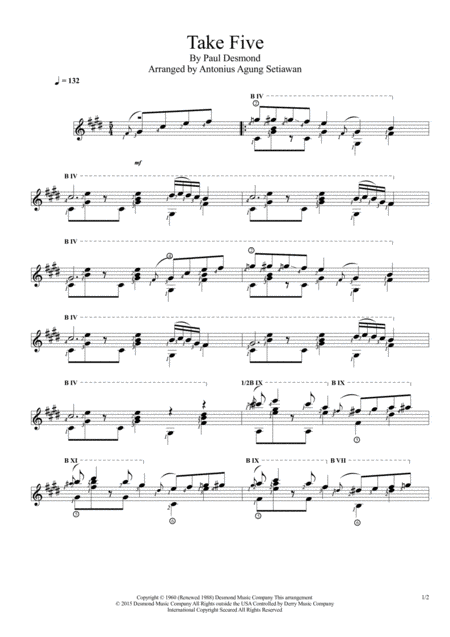 Take Five Solo Guitar Score Sheet Music