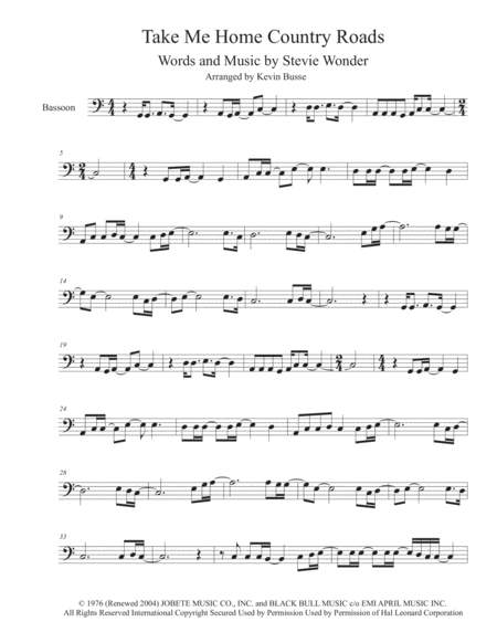 Free Sheet Music Take Me Home Country Roads Easy Key Of C Bassoon