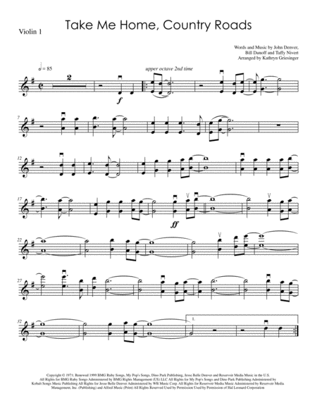 Free Sheet Music Take Me Home Country Roads String Quartet